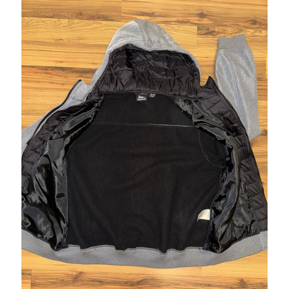 Reebok Men’s XL Hooded Softshell Jacket Gray Fleece Lined Zip Pockets - Picture 4 of 11